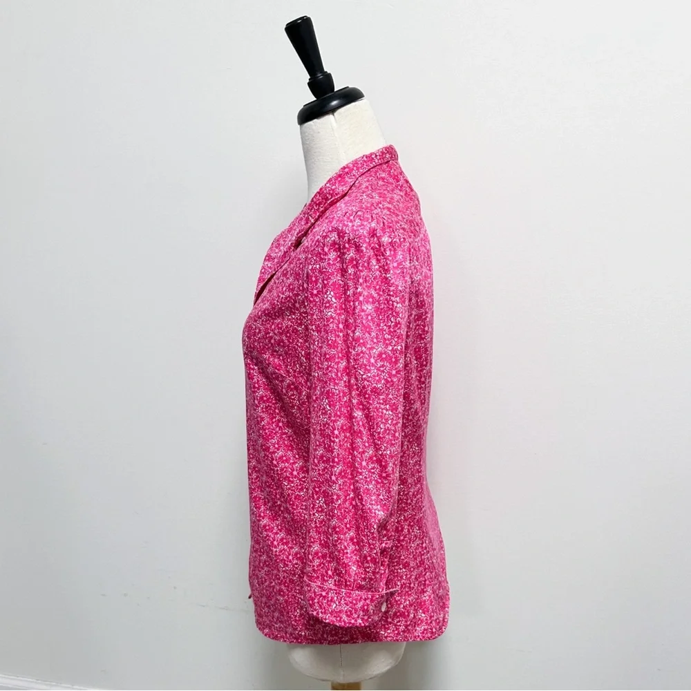 Lilly Pulitzer Pink Ivory Floral High V Neck Collar Button Up 3/4 Sleeve Blouse